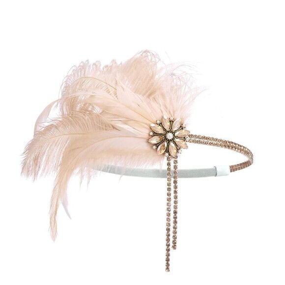 1920s Flapper Headband Rhinestone Pearl Feather Gatsby Party Accessory